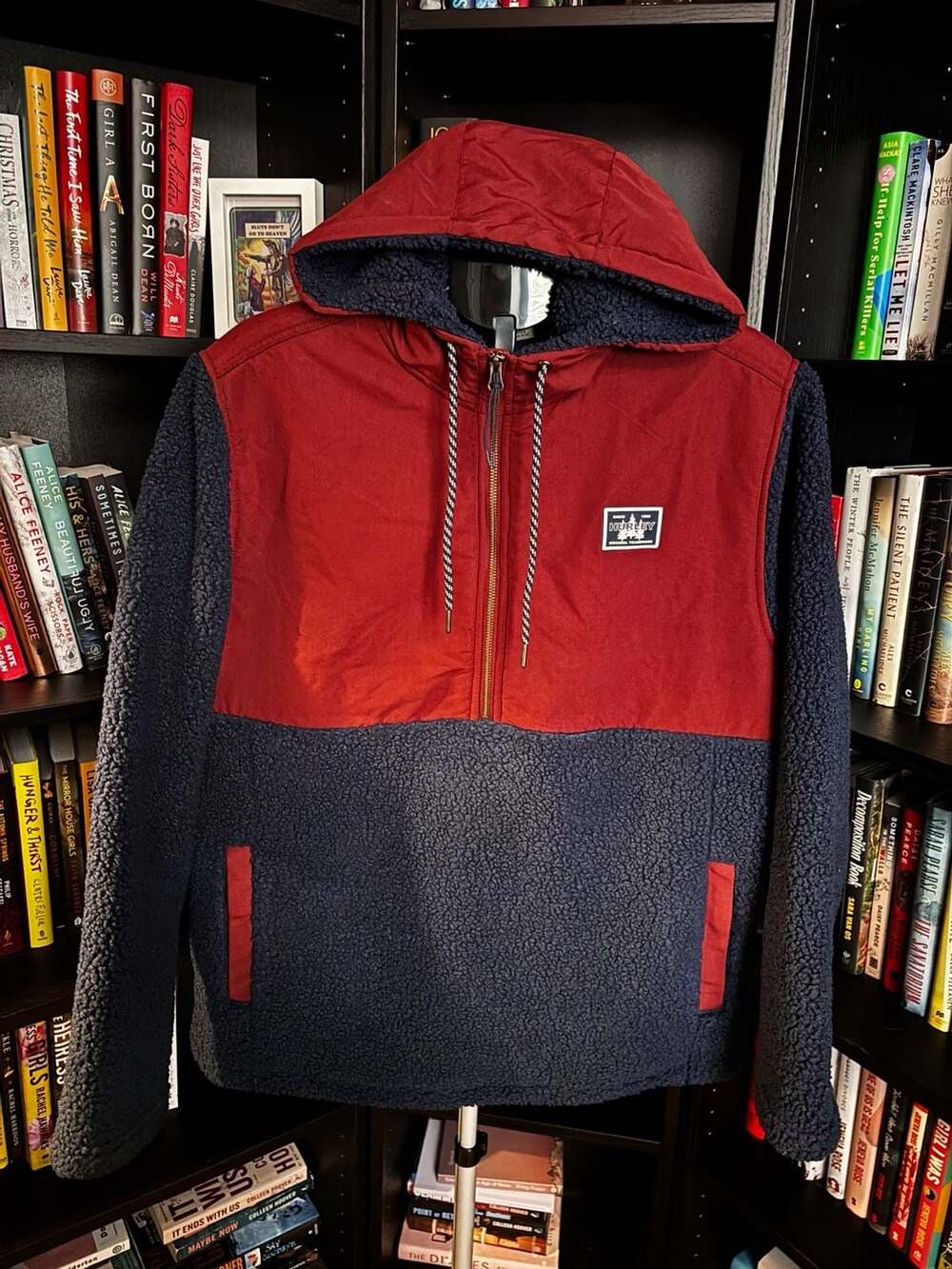 Hurley Half Zip Sherpa Hoodie Size L Burgundy Navy Blue Fleece Anorak